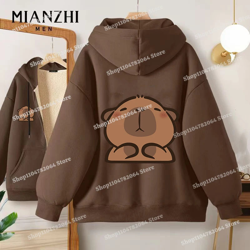 Moletom Capivara Kawaii com Zíper | Fleece Grosso e Quentinho para Homens e Mulheres