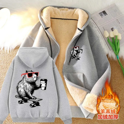 Moletom Capivara Kawaii com Zíper | Fleece Grosso e Quentinho para Homens e Mulheres