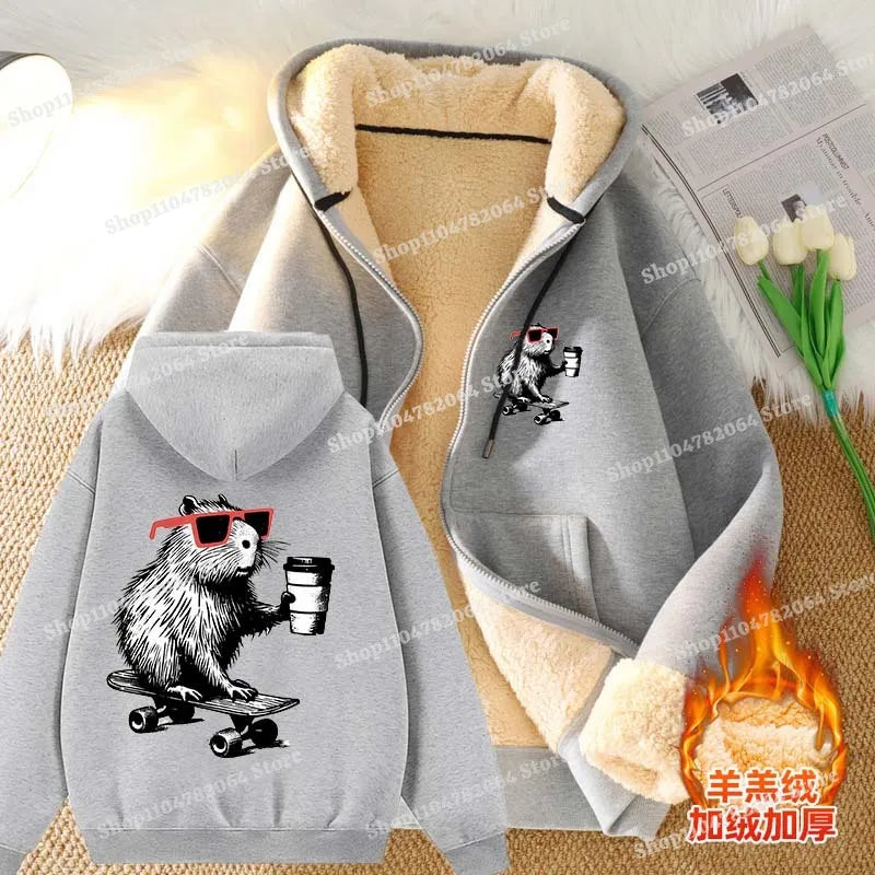 Moletom Capivara Kawaii com Zíper | Fleece Grosso e Quentinho para Homens e Mulheres